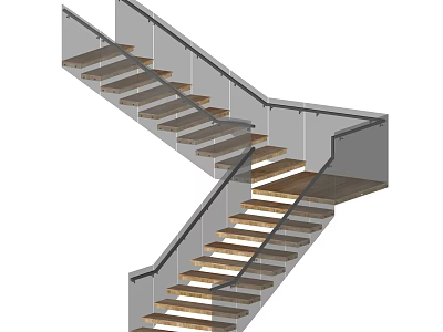 Modern Split Level Staircase With Wooden Steps Glass Railing And Metal Frame Design 3d model