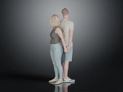 Couple Standing Back To Back Holding Hands In Casual Clothes 3d model