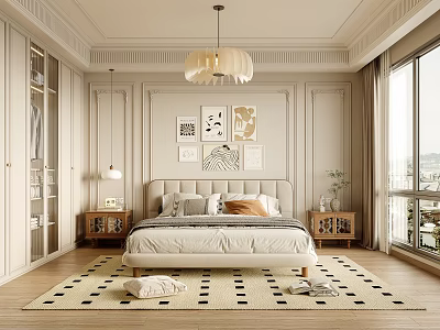 Elegant Modern Bedroom Interior With King Bed Wall Art Pendant Light And Rug 3d model