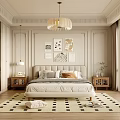 Elegant Modern Bedroom Interior With King Bed Wall Art Pendant Light And Rug
