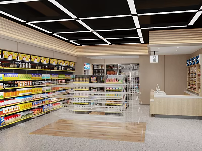 Modern Supermarket Interior With Shelves Stocked With Products Refrigerators And Checkout Counter 3d model
