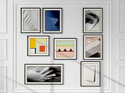 Abstract Paintings Wall Display With Geometric Shapes Colorful Patterns And Black Frames On White Background 3d model