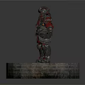 Armored Mythical Creature With Spiked Helmet Red Silver Armor Standing On Intricate Circular Platform