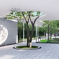 Modern Courtyard Garden With Metal Gate White Wall Green Trees And Black Car