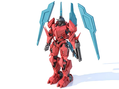 Red Mecha Robot Model With Blue Winged Armor And Detailed Weapon Design 3d model