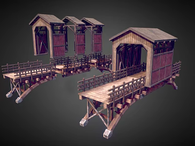 Wooden Covered Bridge Model Structures With Gabled Roofs Railings And Wooden Frames 3d model