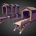 Wooden Covered Bridge Model Structures With Gabled Roofs Railings And Wooden Frames
