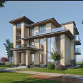 Modern Detached Villa Exterior With Large Glass Windows Balconies Green Lawn And Trees