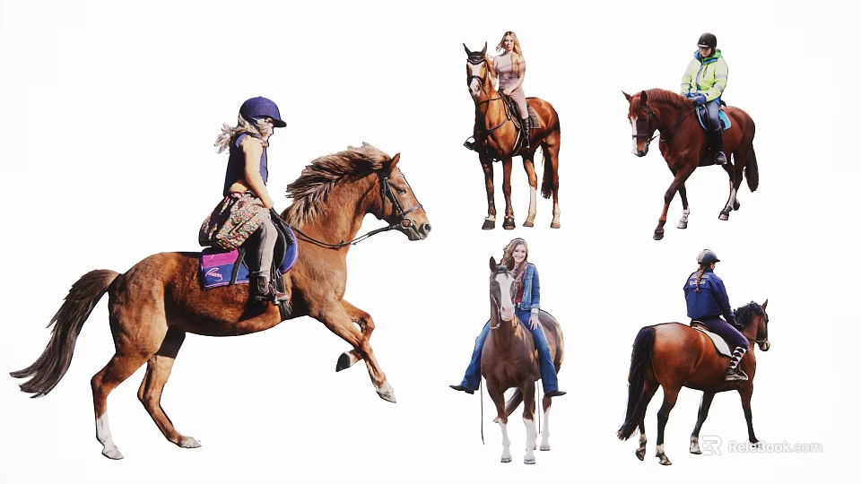 People Riding Horses With Various Poses Including Jumping Standing Trotting Wearing Helmets And Saddles 3d model 