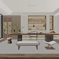 Modern Japanese Tea Room Interior Design With Wooden Table Shelves And Green Plants