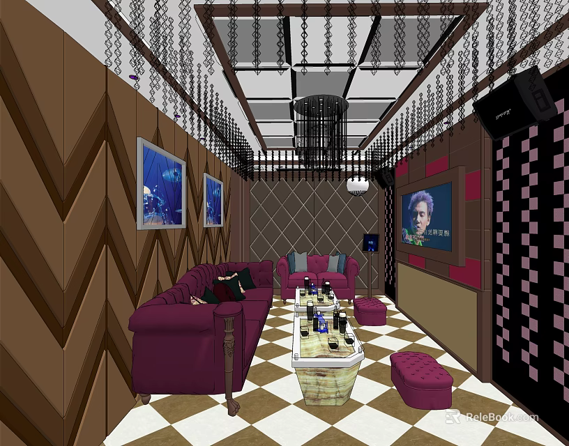 Elegant KTV Interior Design With Purple Sofas Coffee Table Decorative Paintings And TV Screen 3d model 