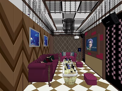 Elegant KTV Interior Design With Purple Sofas Coffee Table Decorative Paintings And TV Screen 3d model
