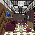 Elegant KTV Interior Design With Purple Sofas Coffee Table Decorative Paintings And TV Screen
