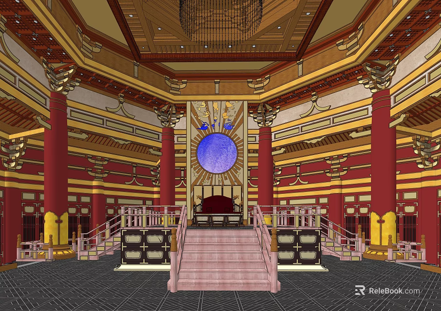Ancient Architecture Interior With Red Pillars Golden Decorations Wooden Ceiling And Circular Blue Window 3d model 