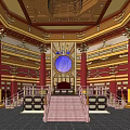 Ancient Architecture Interior With Red Pillars Golden Decorations Wooden Ceiling And Circular Blue Window