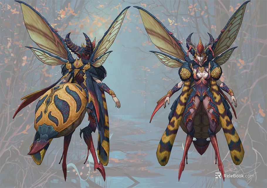 Fantasy Insect Inspired Game Movie Character With Large Wings And Colorful Yellow Black Patterns 3d model 