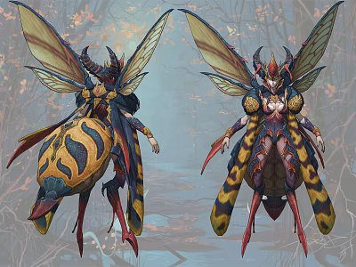 Fantasy Insect Inspired Game Movie Character With Large Wings And Colorful Yellow Black Patterns 3d model