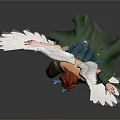 Winged Character 3D Model With Red Hair Green Outfit And Feather Wings In Dynamic Pose