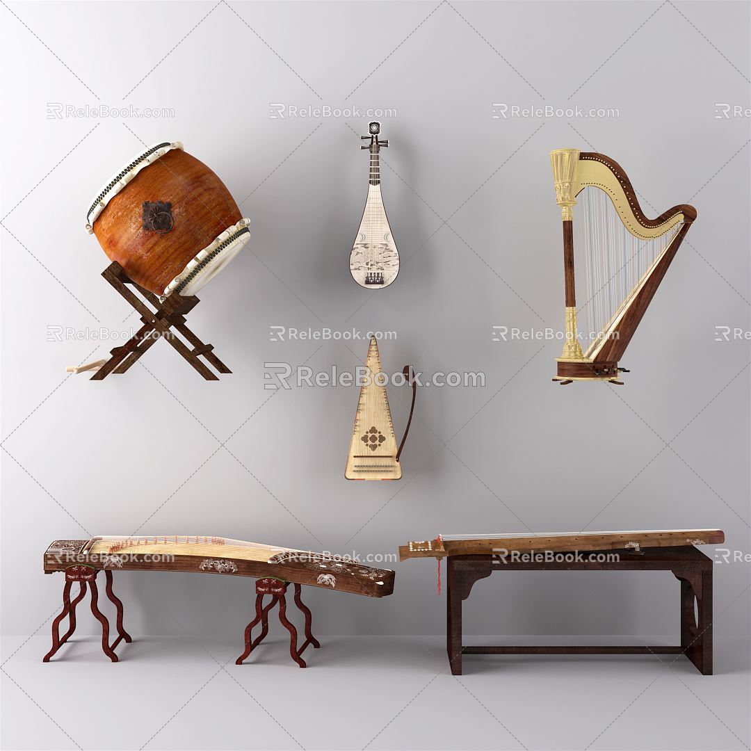 Modern Musical Instruments Drum Pi Guzheng Harp Pipa Guqin Musical Instruments 3d model