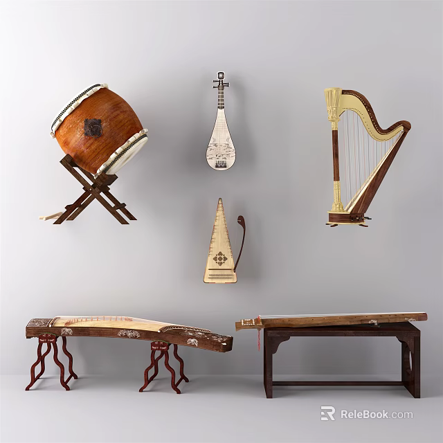 Various Musical Instruments and Art Supplies Display Featuring String Percussion Instruments Brushes and Paints 3d model 