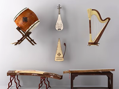 Various Musical Instruments and Art Supplies Display Featuring String Percussion Instruments Brushes and Paints 3d model