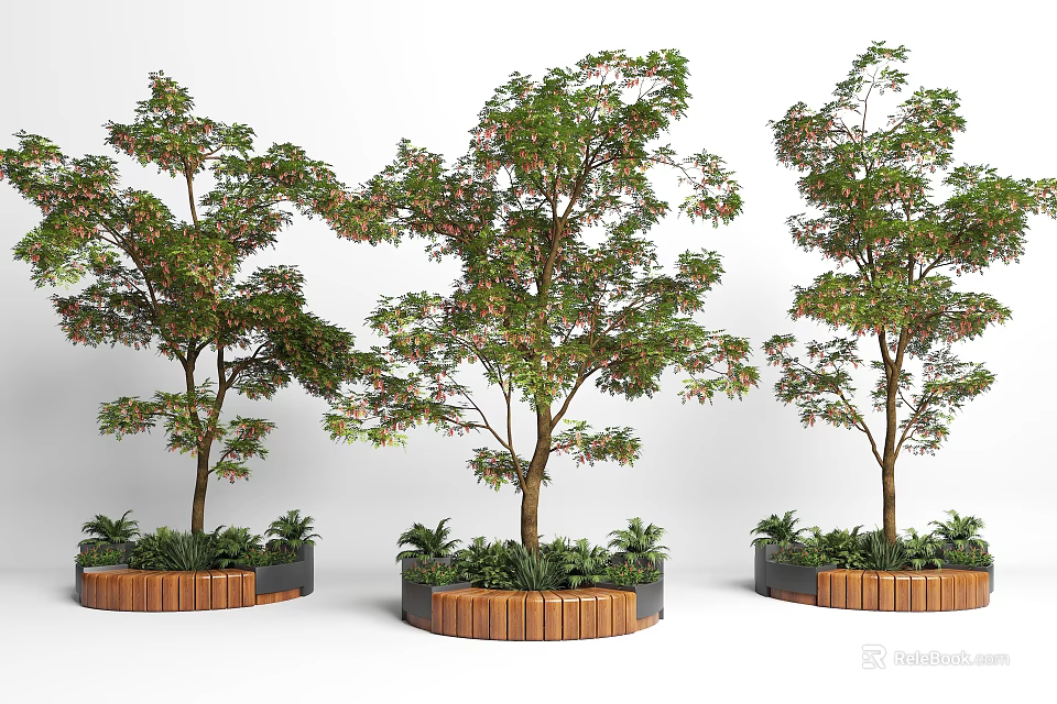 Tree Planters with Wooden Borders and Leafy Trees Surrounding Greenery Design 3d model
