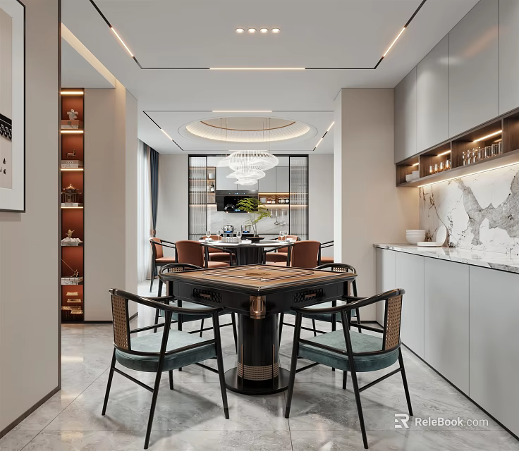 Modern Entertainment Room Interior With Round Table Comfortable Chairs White Cabinets And Marble Countertop 3d model 