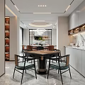 Modern Entertainment Room Interior With Round Table Comfortable Chairs White Cabinets And Marble Countertop