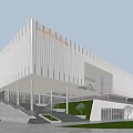 Modern White Building With Vertical Lines Stone Steps Greenery And Open Illuminated Entrance Plaza