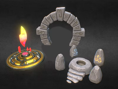 Mystical Stone Scene Components With Circular Flame Device Arch Blocks And Steps 3d model