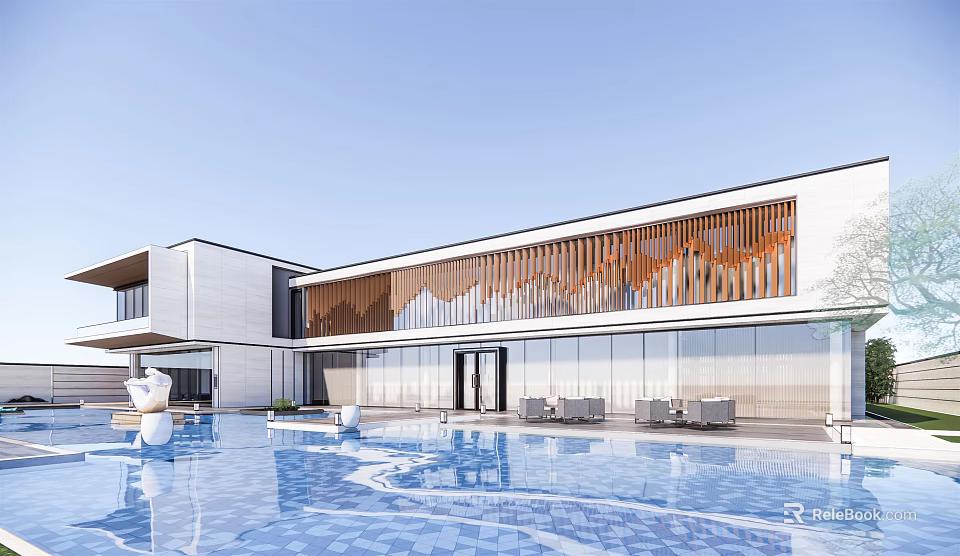 Modern Sales Office Building With Glass Curtain Walls Wooden Grille Swimming Pool And Outdoor Seating 3d model 