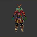 Man in Traditional Samurai Armor with Red and Gold Details and Helmet