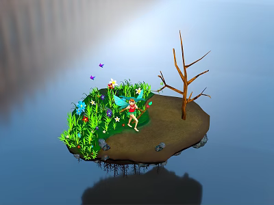 Fairy Standing On Floating Island With Colorful Flowers Green Grass Butterflies And Dead Tree 3d model