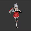 Anime Style Game Movie Character With White Hair Cat Ears Red Skirt White Top And Cape
