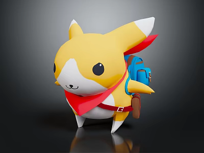 Cute Yellow Cartoon Creature With White Ear Tips Red Scarf Blue Backpack And Brown Pouch 3d model