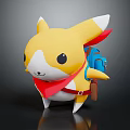 Cute Yellow Cartoon Creature With White Ear Tips Red Scarf Blue Backpack And Brown Pouch