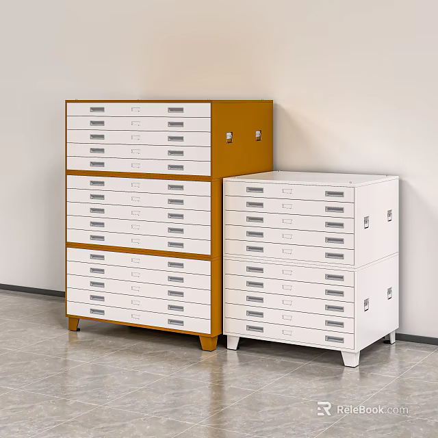 White And Orange Stacked File Cabinets With Multiple Drawers Against Wall 3d model 