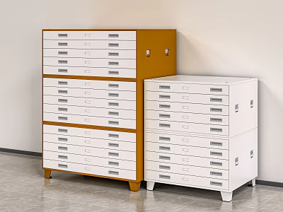 White And Orange Stacked File Cabinets With Multiple Drawers Against Wall 3d model