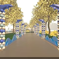Colorful Water Park Area With Blue White Balloons Archways Glass Walls And Sunset View