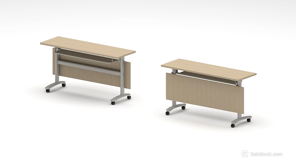 Two Movable Office Tables With Wooden Top And Metal Frame On Casters 3d model 