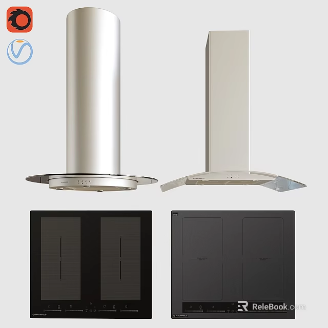 Modern Sleek Kitchen Cookware With Stainless Steel Hoods And Black Dark Gray Cabinets 3d model 