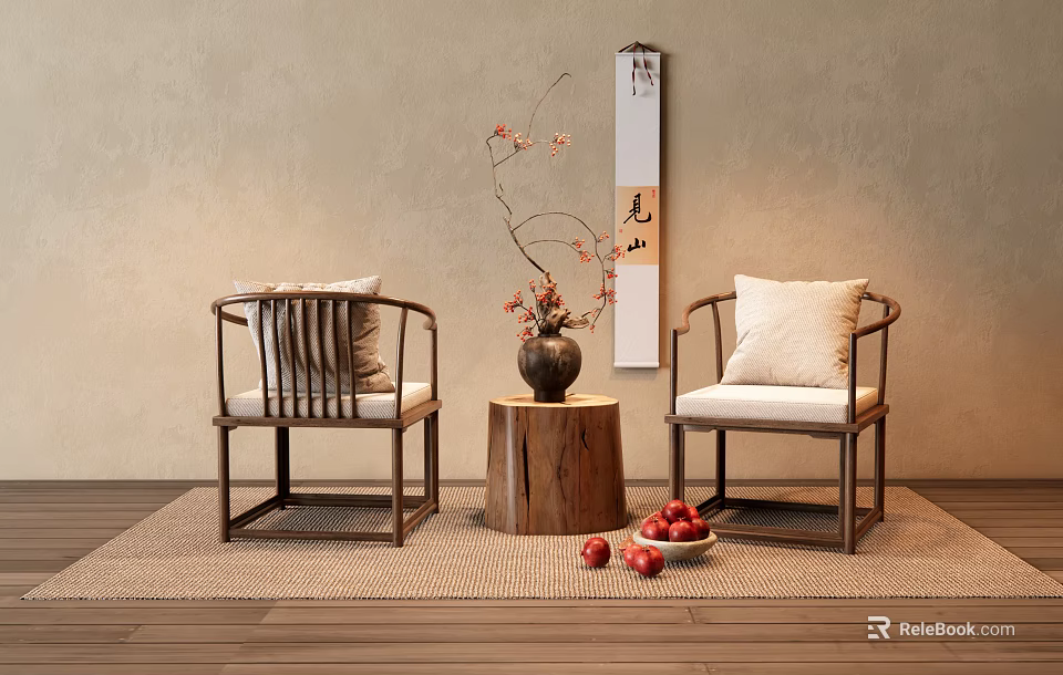 Traditional Chinese Leisure Chairs with Wooden Frame Cushioned Seats and Zen Decor Elements 3d model 