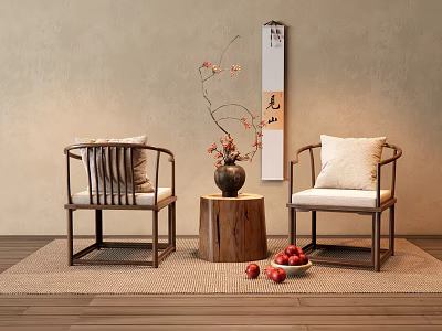 Traditional Chinese Leisure Chairs with Wooden Frame Cushioned Seats and Zen Decor Elements 3d model