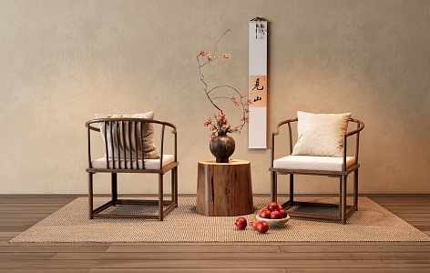 Chinese Style Casual Chair Tea Chair Vase Jewelry Ornaments Decorative Painting Wooden Pier 3d model