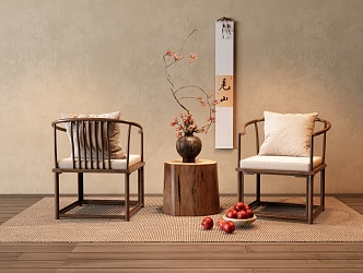 Chinese Style Casual Chair Tea Chair Vase Jewelry Ornaments Decorative Painting Wooden Pier 3d model