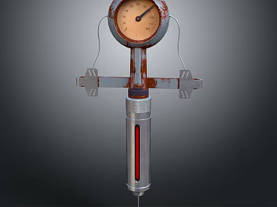 Vintage Metal Measuring Instrument With Round Dial Rusted Frame And Vertical Red Indicator 3d model