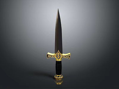 Elegant Golden Hilt Dagger With Black Blade And Intricate Ornate Design 3d model