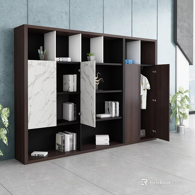Modern Dark Wood File Cabinet With Marble Texture Doors Clothing Hanging Section And Books Inside 3d model 