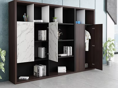 Modern Dark Wood File Cabinet With Marble Texture Doors Clothing Hanging Section And Books Inside 3d model