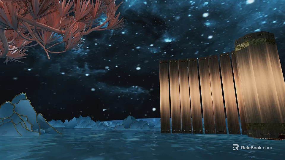 Red Branch-like Forms Over Deep Blue Starry Sky With Wooden Fence Water Surface And Icebergs 3d model 